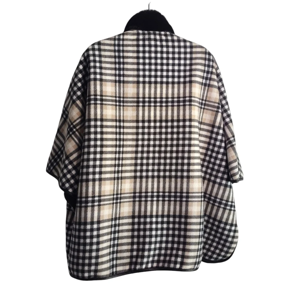 Rachel Roy Women’s Poncho Black White Thick Fleece Faux aux Fur/Leather Trim XL - Picture 2 of 11